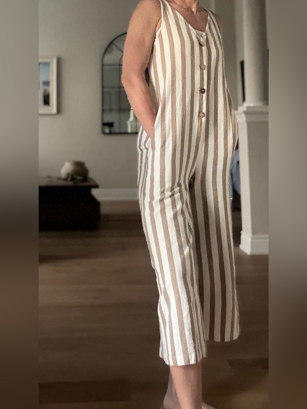 2/$30 XS/S Jumpsuit OVERALLS wide leg Striped  100% Cotton Cropped
